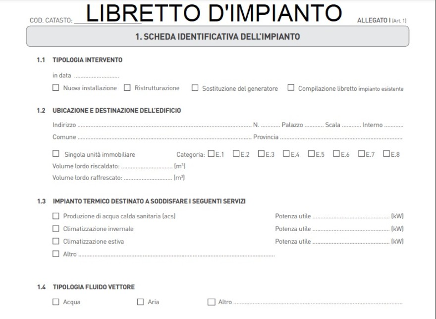 Il frontespizio di un libretto d'impianto